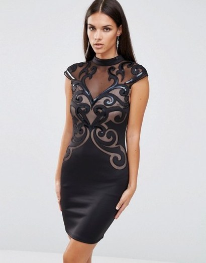 Going Out Dresses – Party Fashion – LBD – Lipsy Laser Cut Swirl Black High Neck Dress - flipped