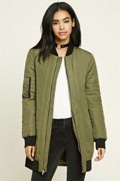 Forever 21 Longline Ribbed Bomber Jacket in Olive. On-trend green jackets | autumn/winter fashion | casual outerwear - flipped