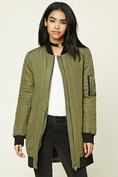 Forever 21 Longline Ribbed Bomber Jacket in Olive. On-trend green jackets | autumn/winter fashion | casual outerwear