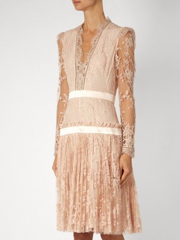 ALEXANDER MCQUEEN Nude-pink long-sleeved plunging embroidered-tulle dress ~ luxe evening wear ~ luxury occasion dresses ~ sheer lace sleeves ~ designer fashion ~ feminine style clothing ~ romantic - flipped