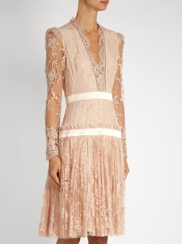 ALEXANDER MCQUEEN Nude-pink long-sleeved plunging embroidered-tulle dress ~ luxe evening wear ~ luxury occasion dresses ~ sheer lace sleeves ~ designer fashion ~ feminine style clothing ~ romantic