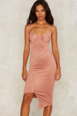 Nasty Gal Shocker Blush Vegan Suede Bodycon Dress – fitted party dresses – spaghetti straps – asymmetric hem – going out glamour – pink evening fashion