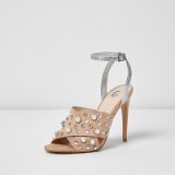 River Island Nude embellished cross strap heel sandals – high heeled ankle straps
