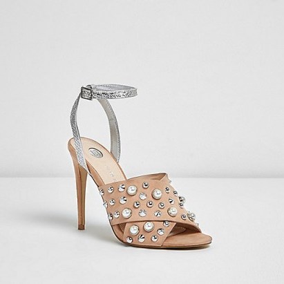 River Island Nude embellished cross strap heel sandals – high heeled ankle straps - flipped