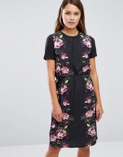 Oasis Floral Satin Tie Front Shift Dress in black - flipped