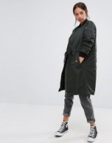 Womens Coats – Long Length Bombers – Only Longline Green Bomber With Faux Fur Lining