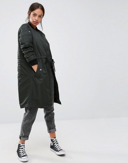 Womens Coats – Long Length Bombers – Only Longline Green Bomber With Faux Fur Lining - flipped