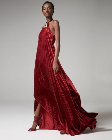 Ralph Lauren Pamela Fluid Velvet Plisse Halter Gown in Crimson-Red - flipped