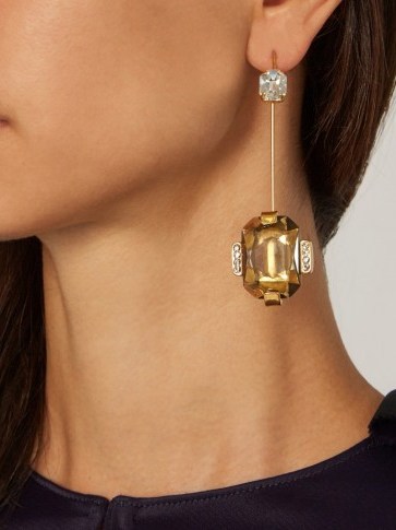MARNI Rhinestone hook earrings ~ statement drop earrings ~ designer jewellery ~ clear crystals ~ large taupe-brown rhinestones ~ luxe accessories - flipped