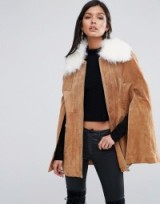 Womens Coats – Fur Trimmed Capes – Winter Outerwear – River Island Studio Real Suede Tan Cape