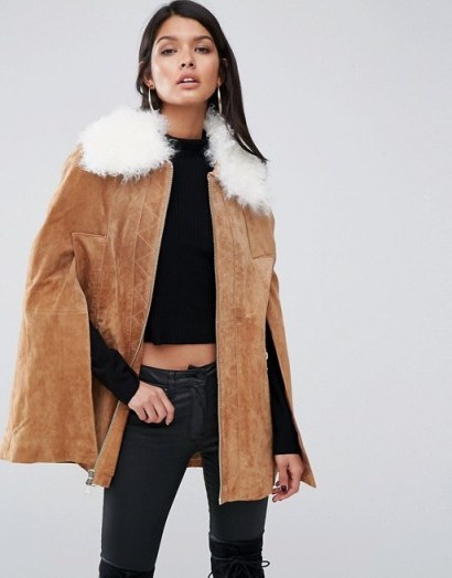 Womens Coats – Fur Trimmed Capes – Winter Outerwear – River Island Studio Real Suede Tan Cape - flipped