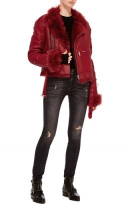 R13 Sac Oversized Shearling Red Motorcycle Jacket – as worn by Gigi Hadid out in Paris during fashion week, September 2016. Celebrity leather biker jackets | star style outerwear | fur moto | what models wear off duty - flipped