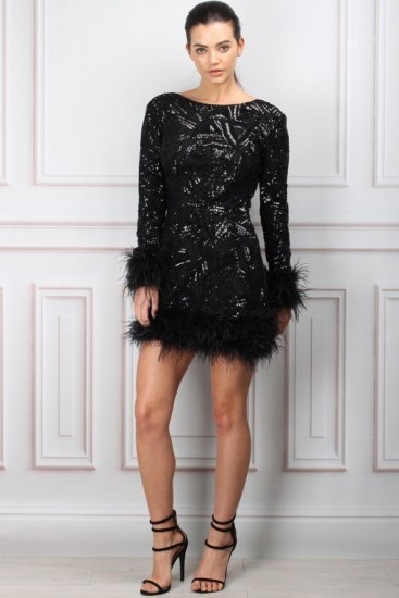 Sam Faiers x Rare Black Feather Trim Sequin Mini Dress ~ party season ~ embellished occasion dresses ~ LBD ~ evening glamour ~ glamorous going out fashion - flipped