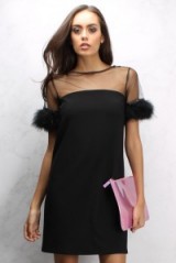 Sam Faiers x Rare wears Black Feather Trim Shift Dress ~ LBD ~ party season ~ evening chic ~ semi sheer occasion dresses