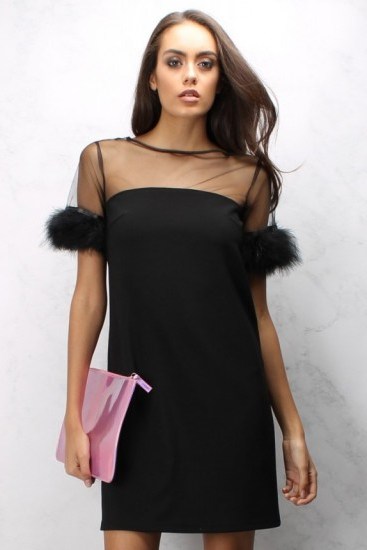 Sam Faiers x Rare wears Black Feather Trim Shift Dress ~ LBD ~ party season ~ evening chic ~ semi sheer occasion dresses - flipped
