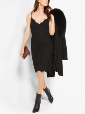 MICHAEL MICHAEL KORS Black Scalloped Lace Slip Dress. On trend cami dresses | eyelash trim | spaghetti strap | thin straps | strappy | trending fashion