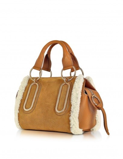 SEE BY CHLOÉ Paige Hazel Suede and Leather Satchel Bag w/Eco Shearling Detail - flipped