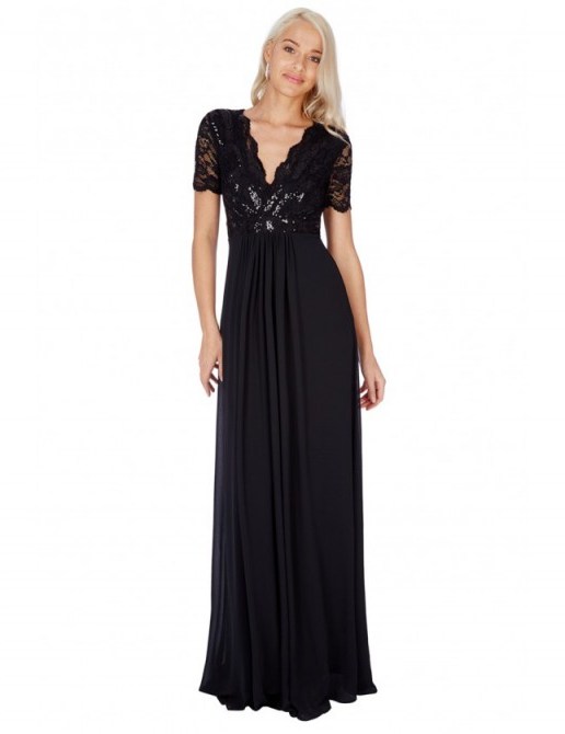 Goddiva Black Sequin Chiffon Maxi Dress ~ long occasion dresses - flipped
