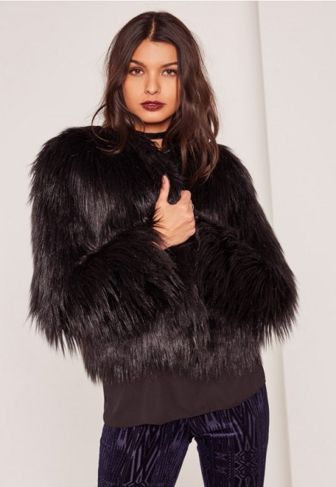 Missguided shaggy black faux fur coat. Winter glamour | cropped jackets | short glamorous coats - flipped