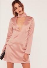 Missguided silky choker neck shift dress in pink. Plunge front dresses | deep V neckline | plunging necklines