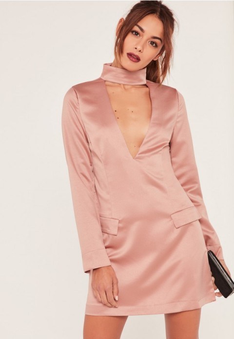 Missguided silky choker neck shift dress in pink. Plunge front dresses | deep V neckline | plunging necklines - flipped