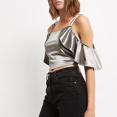 River Island Silver satin frill cold shoulder crop top - flipped
