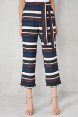 Lavish Alice Teal, Tan, Black & Cream Stripe Print Tie Belt Cropped Trousers. Striped belted pants | crop hem | on-trend fashion