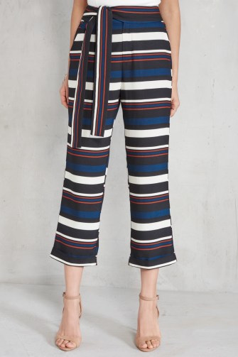 Lavish Alice Teal, Tan, Black & Cream Stripe Print Tie Belt Cropped Trousers. Striped belted pants | crop hem | on-trend fashion - flipped