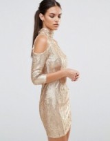 Going Out Dresses – Party Fashion – TFNC High Neck Gold Sequin Mini Dress With Cold Shoulder
