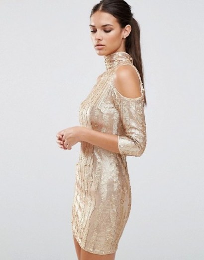 Going Out Dresses – Party Fashion – TFNC High Neck Gold Sequin Mini Dress With Cold Shoulder - flipped