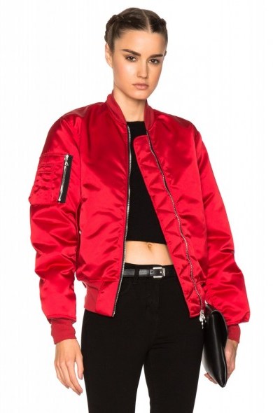 UNRAVEL FWRD EXCLUSIVE BOMBER in LIPSTICK RED – as worn by Alessandra Ambrosio out in Los Angeles, 13 October 2016. Celebrity jackets | models off duty fashion - flipped