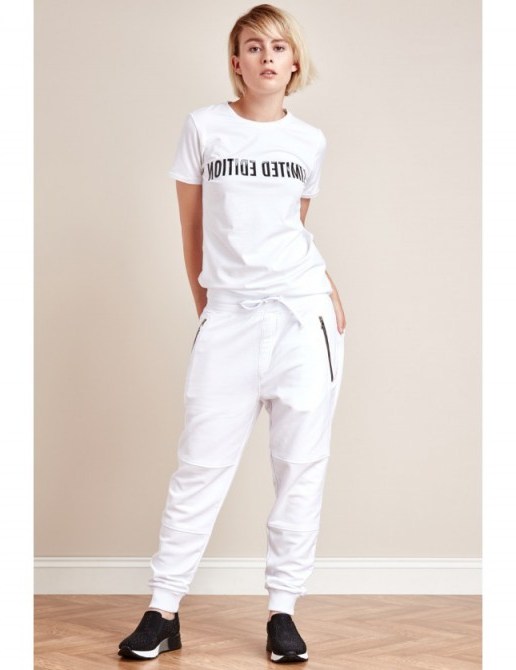 Goddiva x Alina Tsevina white joggers with zips ~ casual fashion ~ weekend style trousers - flipped