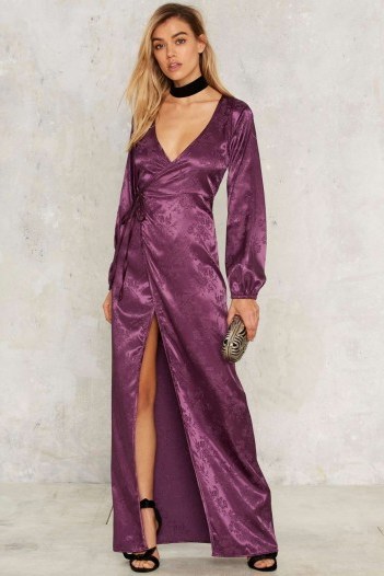 After Party by Nasty Gal Dahlia Jacquard Wrap Dress ~ long purple dresses - flipped