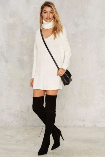 Angelica Mini Sweater Dress in ivory. Cut out polo neck jumper dresses | high neck | on-trend knitwear - flipped