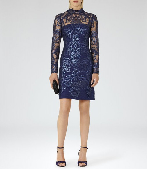 REISS ASABI bodycon dress in midnight ~ sequin embellished occasion dresses ~ blue sequins ~ fitted party fashion ~ glittering evening wear ~ cocktails ~ parties