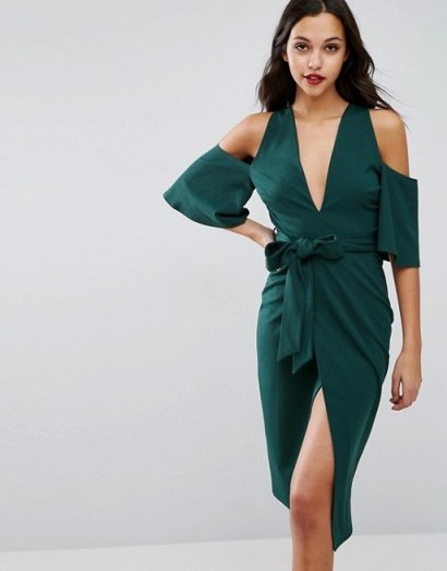 ASOS Cold Shoulder Kimono Tie Pencil Dress, green evening dresses, fitted fashion, glamour, glamorous - flipped