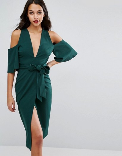 ASOS Cold Shoulder Kimono Tie Pencil Dress, green evening dresses, fitted fashion, glamour, glamorous
