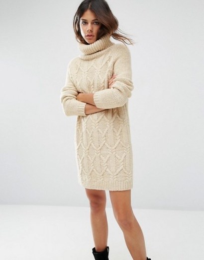 ASOS Jumper Dress in Cable Stitch with Roll Neck in cream. Sweater dresses | on-trend knitwear | knitted fashion - flipped