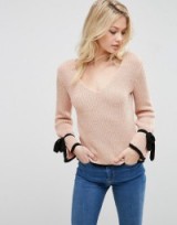 ASOS Jumper with V Neck and Contrast Ties – blush pink jumpers – cute knitwear