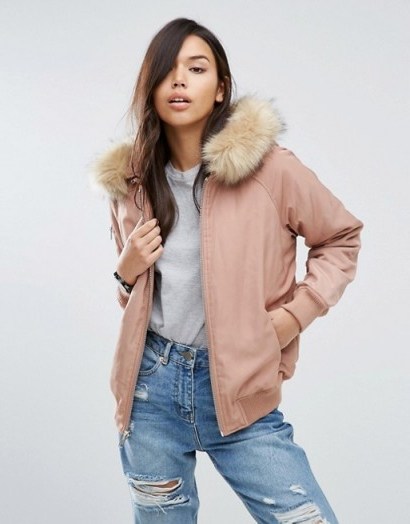 ASOS Padded Pink Bomber Jacket with Faux Fur Hood. Casual jackets | winter outerwear | on trend weekend fashion - flipped