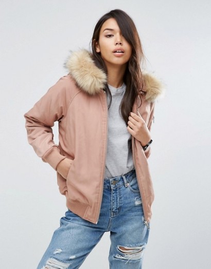 ASOS Padded Pink Bomber Jacket with Faux Fur Hood. Casual jackets | winter outerwear | on trend weekend fashion