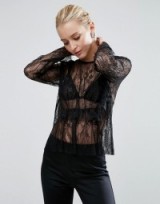 ASOS Sheer Lace Blouse With Ruffle ~ black see-through blouses ~ ruffles ~ round neck tops ~ ruffled fashion ~ feminine style