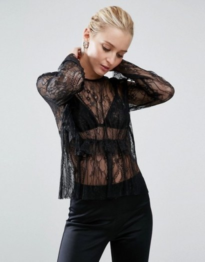 ASOS Sheer Lace Blouse With Ruffle ~ black see-through blouses ~ ruffles ~ round neck tops ~ ruffled fashion ~ feminine style - flipped