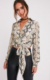 Pretty Little Thing Avalyn Taupe Snake Print Tie Waist Blouse – animal prints – glamorous blouses – front tie shirts – printed tops – glamour – fashion