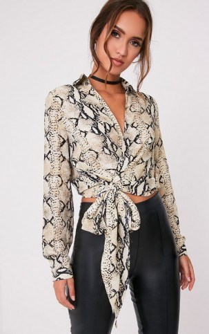 Pretty Little Thing Avalyn Taupe Snake Print Tie Waist Blouse – animal prints – glamorous blouses – front tie shirts – printed tops – glamour – fashion - flipped