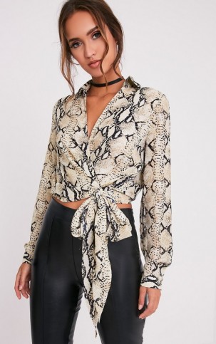 Pretty Little Thing Avalyn Taupe Snake Print Tie Waist Blouse – animal ...