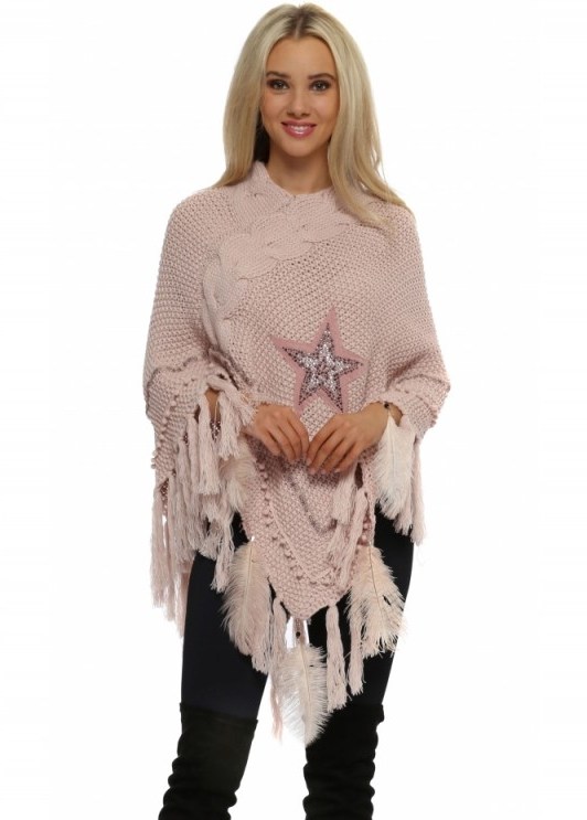 FRENCH BOUTIQUE Baby Pink Cable Knit Jewelled Star & Feather Poncho. Knitted ponchos | autumn/winter knitwear | cute outerwear | embellished knits - flipped