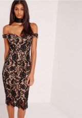 missguided bardot lace midi dress black ~ glamorous evening dresses ~ off the shoulder glamour ~ party season ~ going out fashion