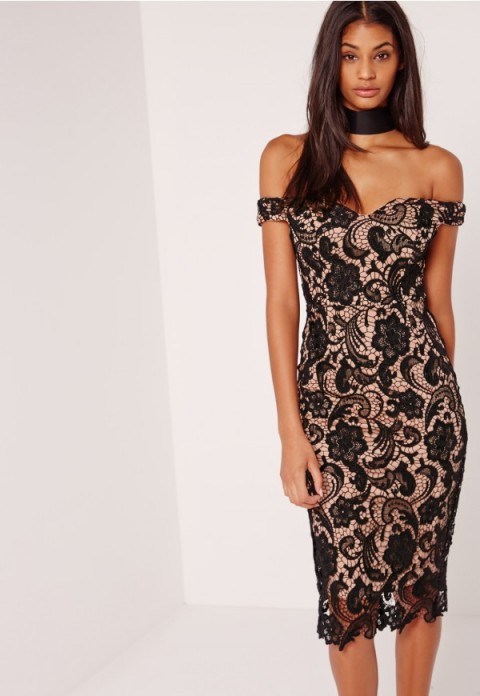 missguided bardot lace midi dress black ~ glamorous evening dresses ~ off the shoulder glamour ~ party season ~ going out fashion - flipped