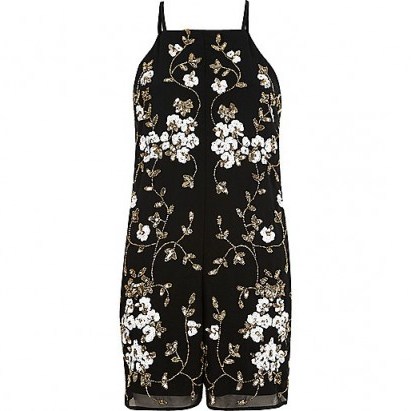 River Island black and gold embellished playsuit – floral sequined playsuits – embellished evening wear – party fashion – going out glamour – glamorous clothing - flipped